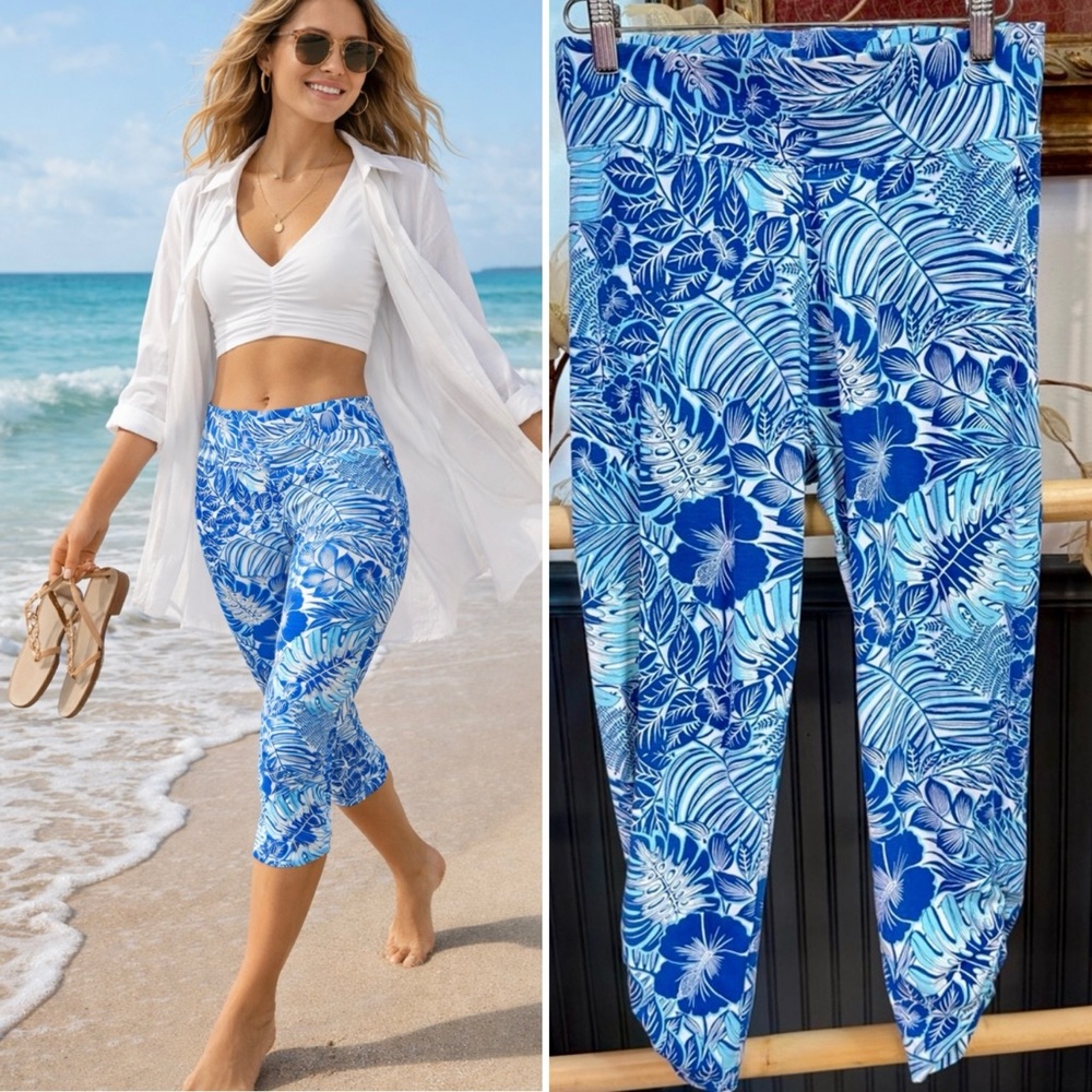 Coolibar Tropical Floral UPF 50+ Ruched Leggings Blue White Size Small 💚🍄